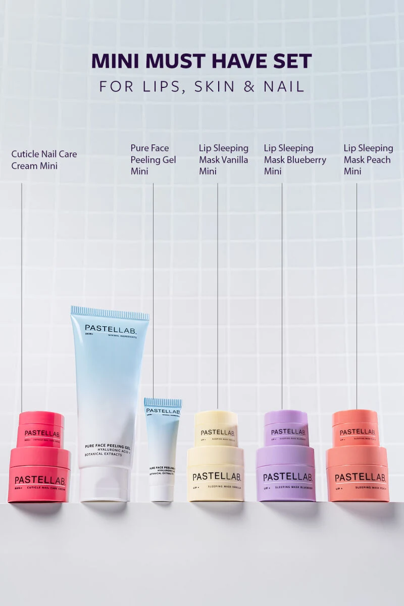 PASTEL Набір міні продуктів PASTELLAB (Гель д/пілінгу обл., 10г + Крем д/догляду за кутик. та нігтями, 3,5г + Маска д/губ нічна  ПЕРСИК, ВАНІЛЬ, ЧОРНИЦЯ, 3х3,5г)